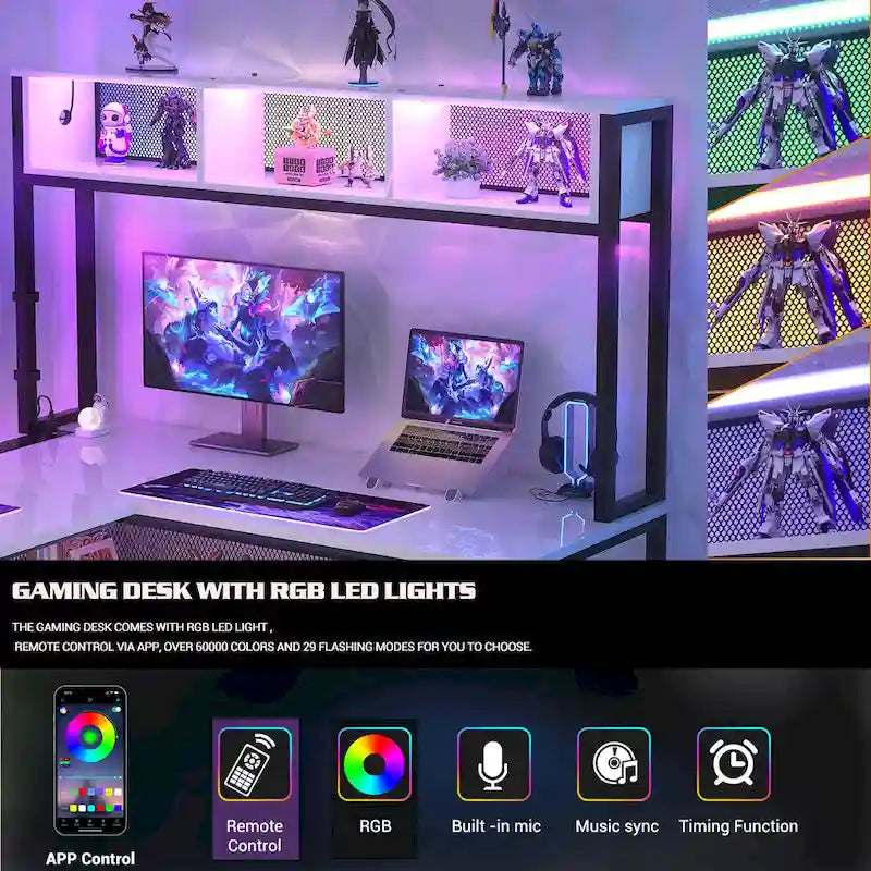 Scrivania da Gaming ad Angolo a L con LED RGB e Ciabatta Elettrica — Marrone Rustico / Bianco / Rosa / Nero / Rovere Grigio, 1 Posto