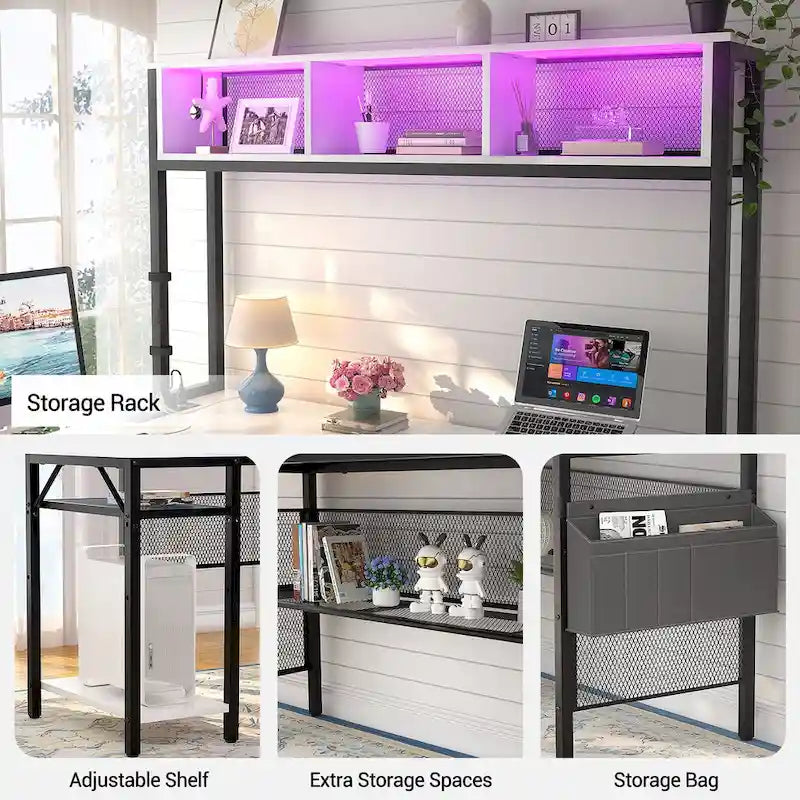 Scrivania da Gaming ad Angolo a L con LED RGB e Ciabatta Elettrica — Marrone Rustico / Bianco / Rosa / Nero / Rovere Grigio, 1 Posto