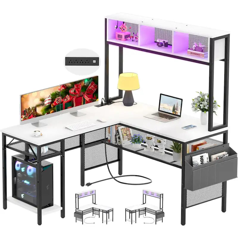 Scrivania da Gaming ad Angolo a L con LED RGB e Ciabatta Elettrica — Marrone Rustico / Bianco / Rosa / Nero / Rovere Grigio, 1 Posto