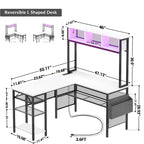 Scrivania da Gaming ad Angolo a L con LED RGB e Ciabatta Elettrica — Marrone Rustico / Bianco / Rosa / Nero / Rovere Grigio, 1 Posto