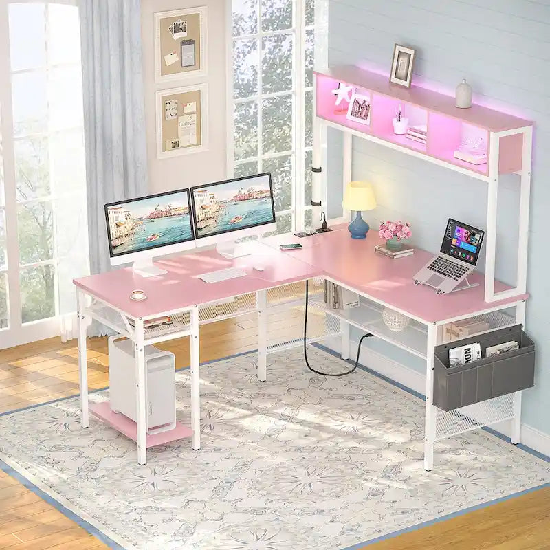 Scrivania da Gaming ad Angolo a L con LED RGB e Ciabatta Elettrica — Marrone Rustico / Bianco / Rosa / Nero / Rovere Grigio, 1 Posto