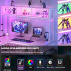 Scrivania da Gaming ad Angolo a L con LED RGB e Ciabatta Elettrica — Marrone Rustico / Bianco / Rosa / Nero / Rovere Grigio, 1 Posto