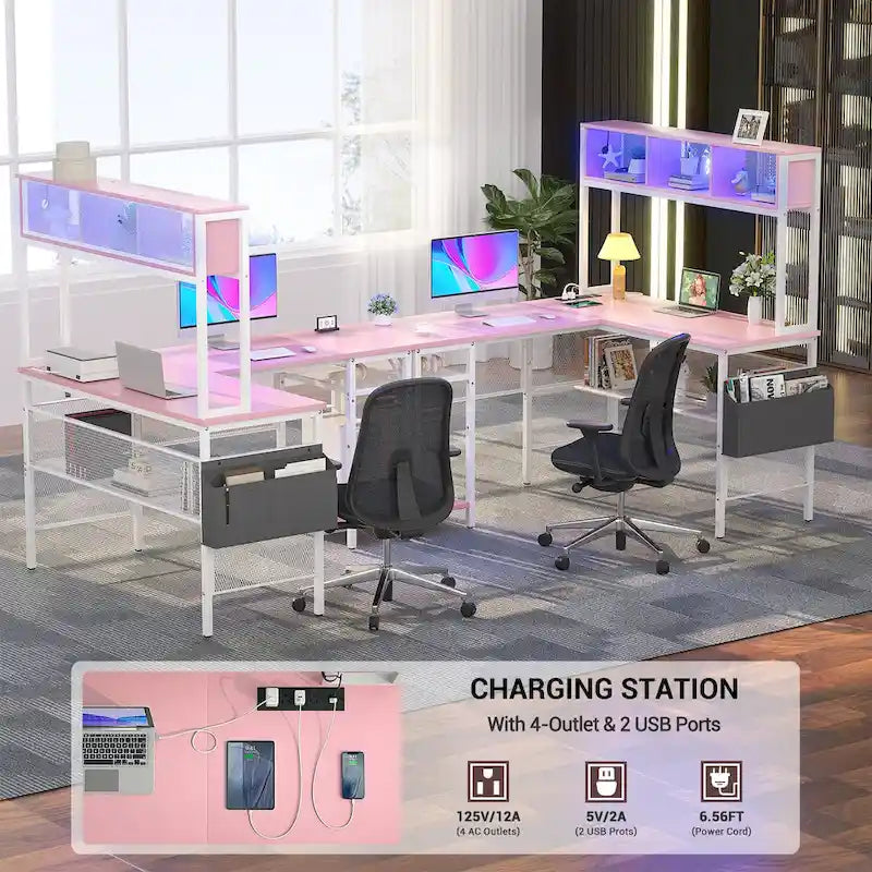 Scrivania da Gaming ad Angolo a L con LED RGB e Ciabatta Elettrica — Marrone Rustico / Bianco / Rosa / Nero / Rovere Grigio, 1 Posto