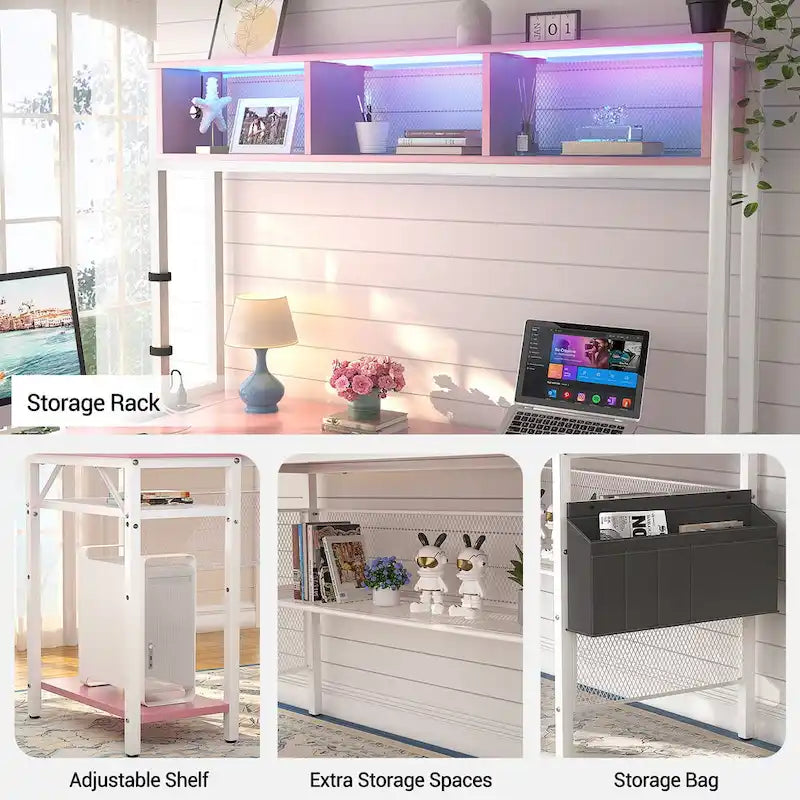 Scrivania da Gaming ad Angolo a L con LED RGB e Ciabatta Elettrica — Marrone Rustico / Bianco / Rosa / Nero / Rovere Grigio, 1 Posto