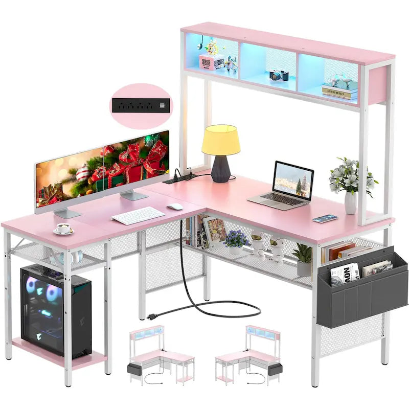 Scrivania da Gaming ad Angolo a L con LED RGB e Ciabatta Elettrica — Marrone Rustico / Bianco / Rosa / Nero / Rovere Grigio, 1 Posto