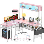 Scrivania da Gaming ad Angolo a L con LED RGB e Ciabatta Elettrica — Marrone Rustico / Bianco / Rosa / Nero / Rovere Grigio, 1 Posto