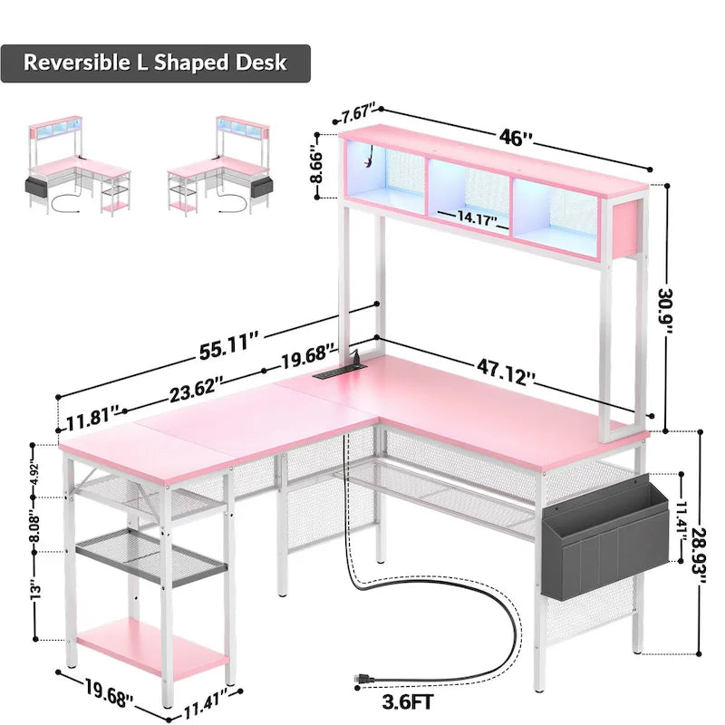 Scrivania da Gaming ad Angolo a L con LED RGB e Ciabatta Elettrica — Marrone Rustico / Bianco / Rosa / Nero / Rovere Grigio, 1 Posto