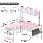 Scrivania da Gaming ad Angolo a L con LED RGB e Ciabatta Elettrica — Marrone Rustico / Bianco / Rosa / Nero / Rovere Grigio, 1 Posto