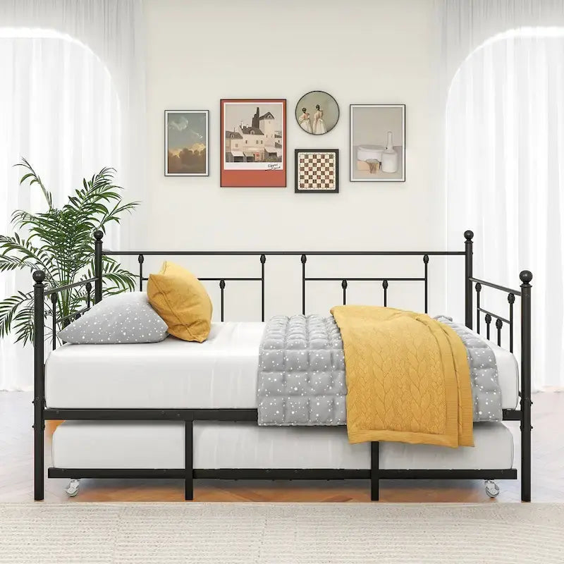 Divano letto in metallo nero con letto estraibile, piazza singola, 2 posti letto
