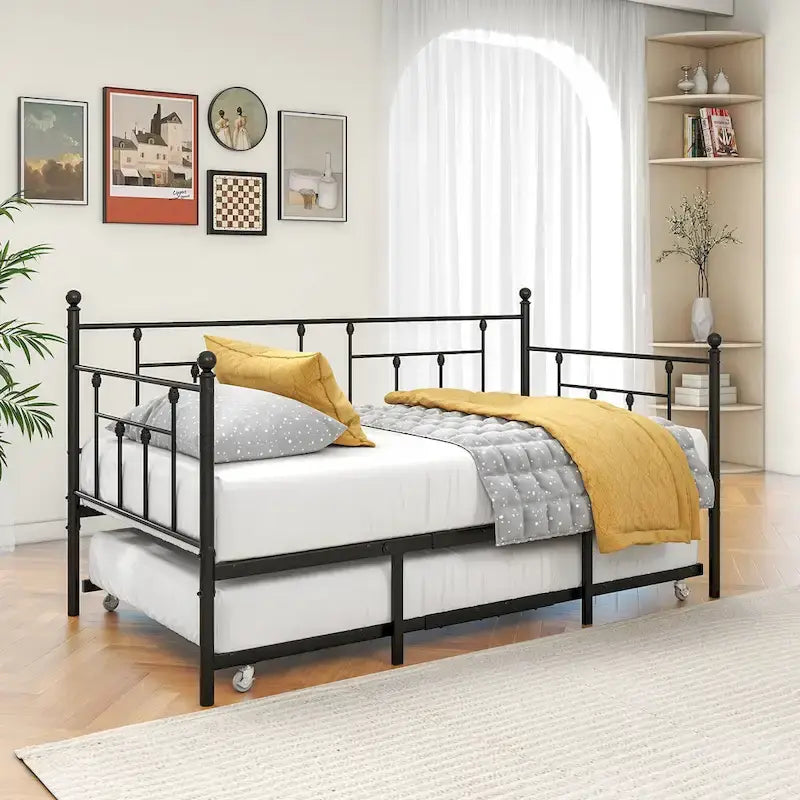 Divano letto in metallo nero con letto estraibile, piazza singola, 2 posti letto