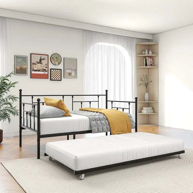 Divano letto in metallo nero con letto estraibile, piazza singola, 2 posti letto