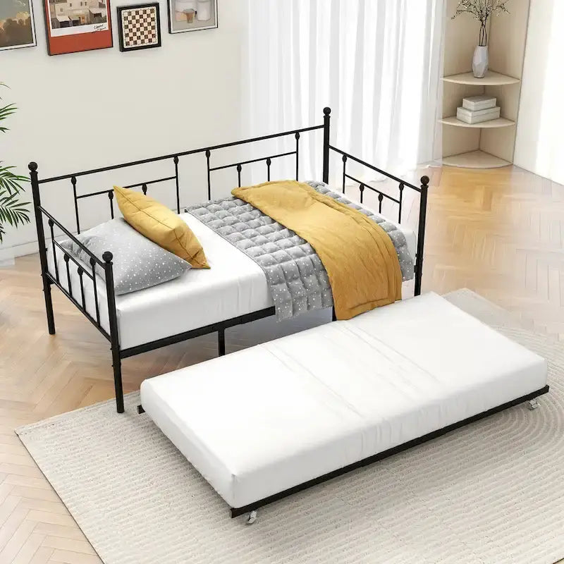 Divano letto in metallo nero con letto estraibile, piazza singola, 2 posti letto