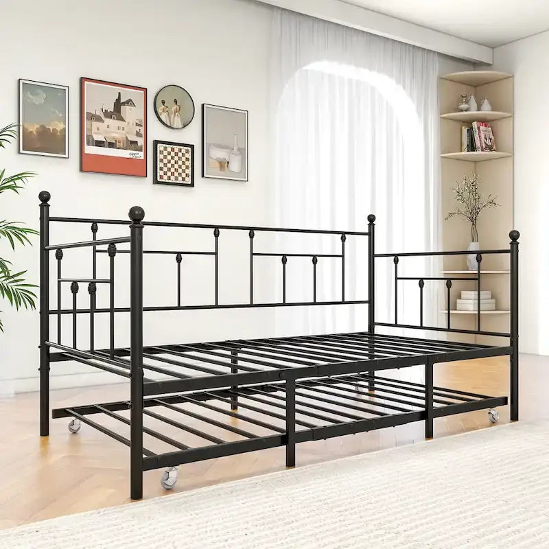 Divano letto in metallo nero con letto estraibile, piazza singola, 2 posti letto