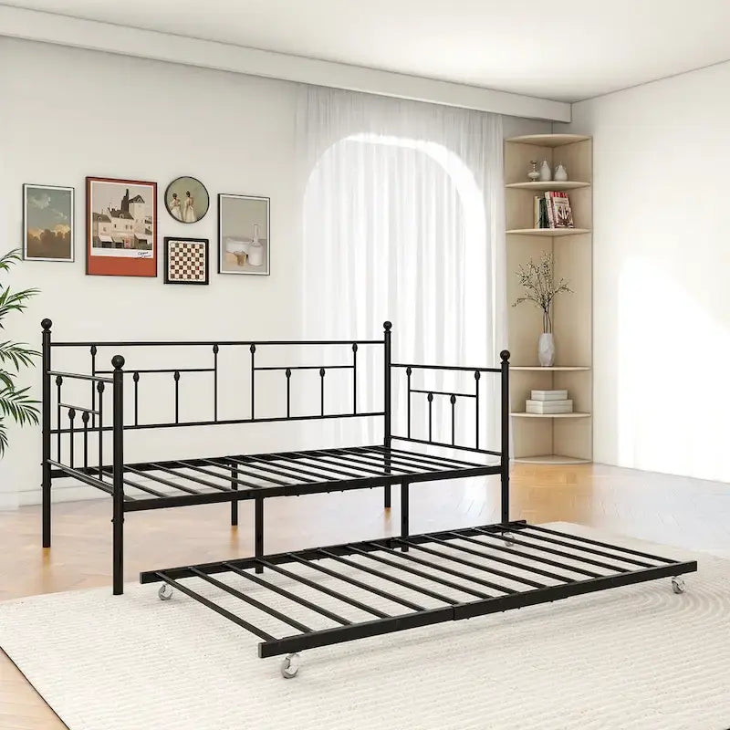 Divano letto in metallo nero con letto estraibile, piazza singola, 2 posti letto