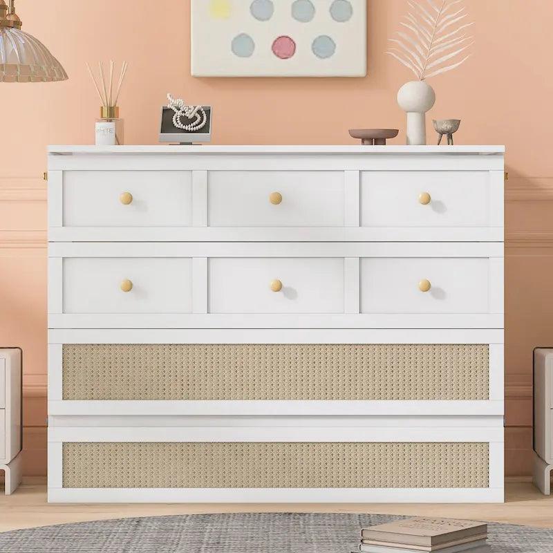 Letto a scomparsa matrimoniale bianco con cassetti contenitore, pannello in rattan, 1-2 persone