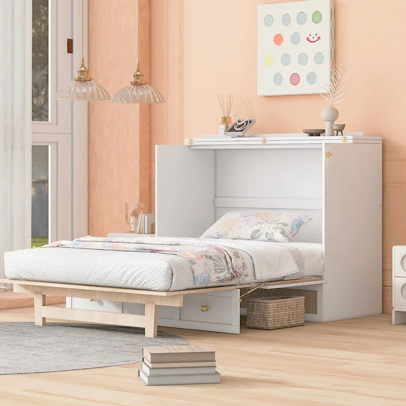 Letto a scomparsa matrimoniale bianco con cassetti contenitore, pannello in rattan, 1-2 persone