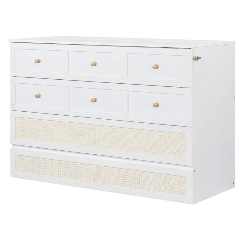 Letto a scomparsa matrimoniale bianco con cassetti contenitore, pannello in rattan, 1-2 persone