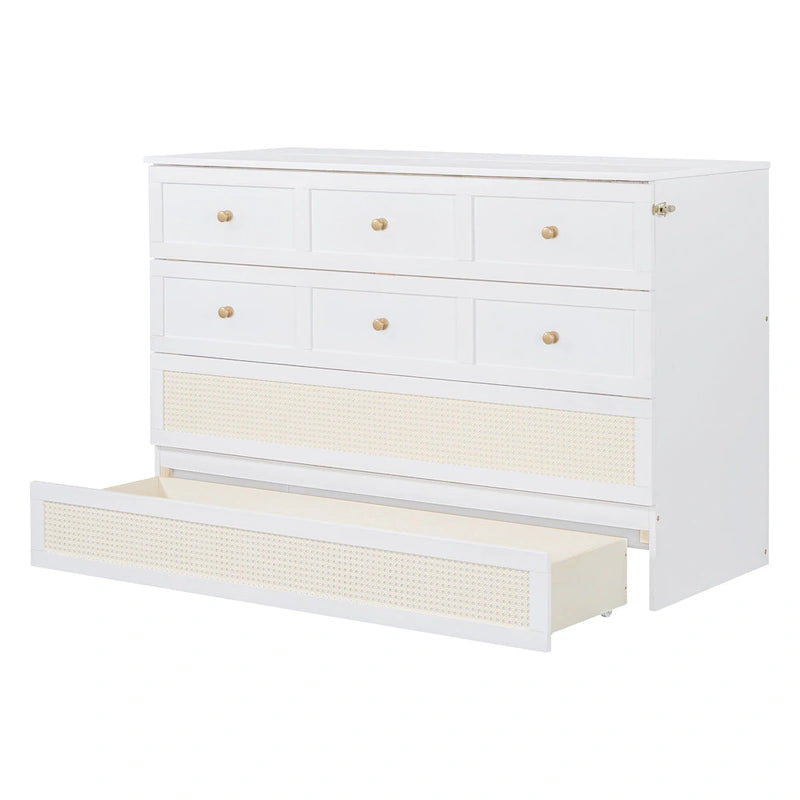 Letto a scomparsa matrimoniale bianco con cassetti contenitore, pannello in rattan, 1-2 persone