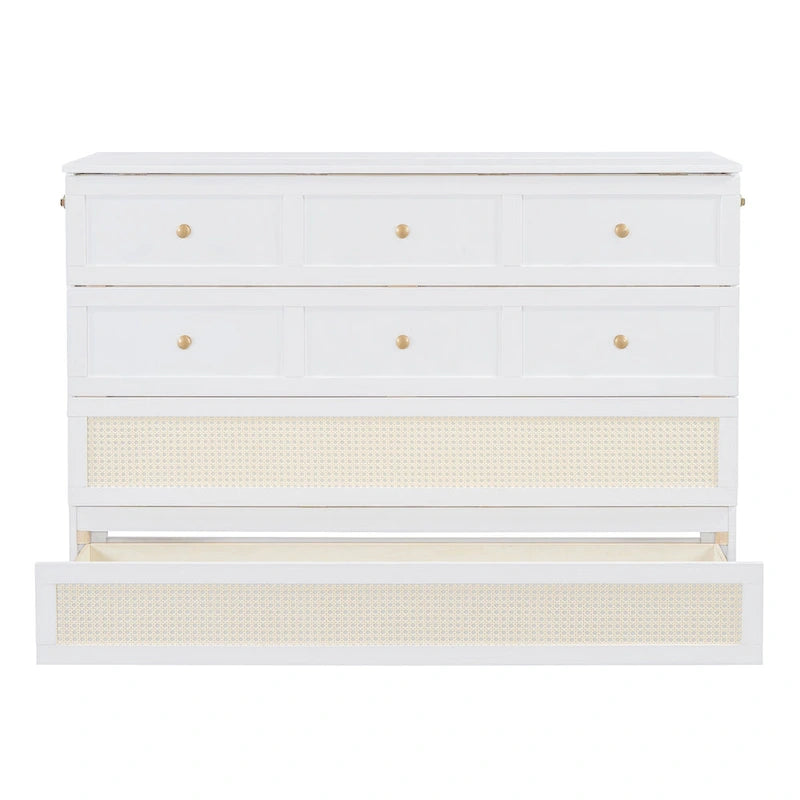 Letto a scomparsa matrimoniale bianco con cassetti contenitore, pannello in rattan, 1-2 persone