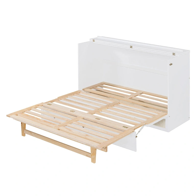 Letto a scomparsa matrimoniale bianco con cassetti contenitore, pannello in rattan, 1-2 persone