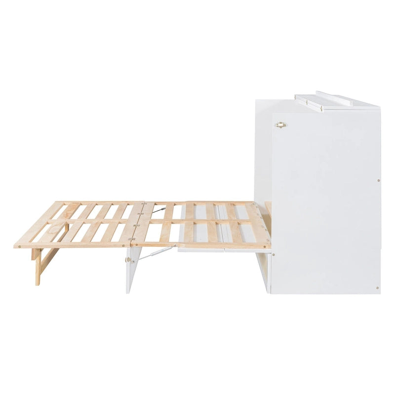 Letto a scomparsa matrimoniale bianco con cassetti contenitore, pannello in rattan, 1-2 persone