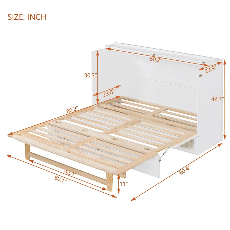 Letto a scomparsa matrimoniale bianco con cassetti contenitore, pannello in rattan, 1-2 persone