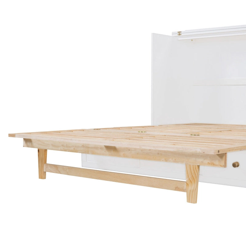 Letto a scomparsa matrimoniale bianco con cassetti contenitore, pannello in rattan, 1-2 persone
