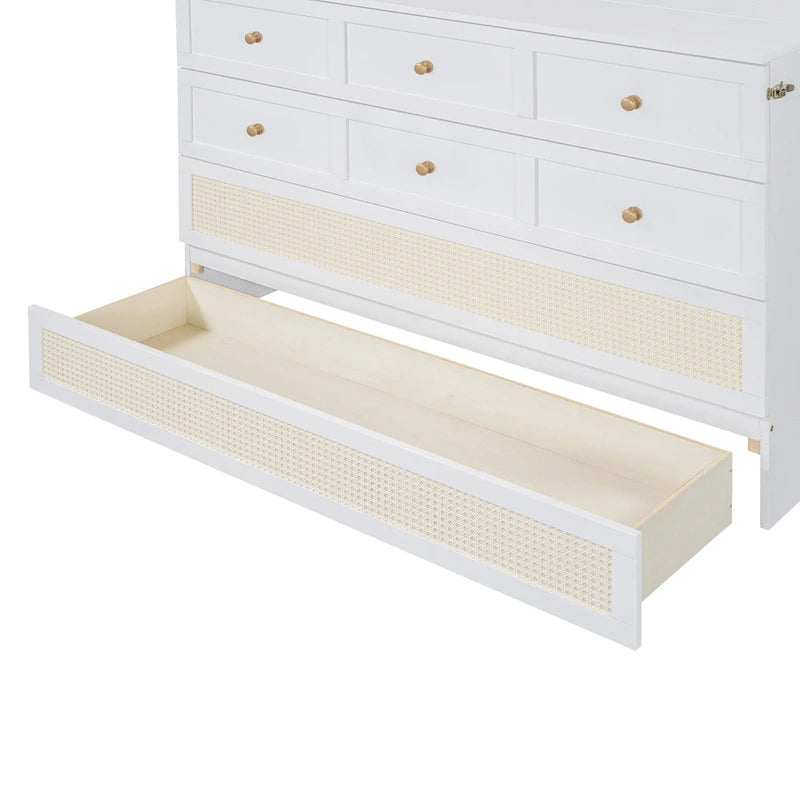 Letto a scomparsa matrimoniale bianco con cassetti contenitore, pannello in rattan, 1-2 persone