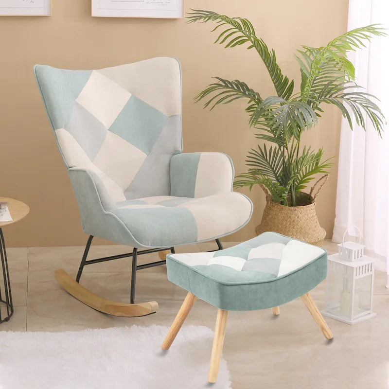 Sedia a dondolo reclinabile imbottita con schienale alto blu colorata con pouf, 1 posto