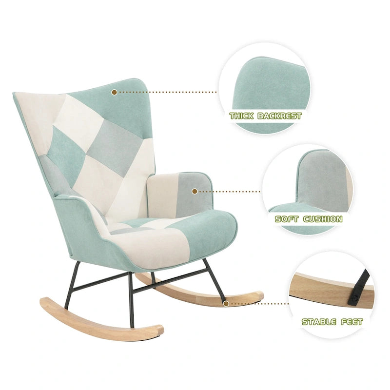 Sedia a dondolo reclinabile imbottita con schienale alto blu colorata con pouf, 1 posto