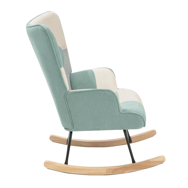 Sedia a dondolo reclinabile imbottita con schienale alto blu colorata con pouf, 1 posto