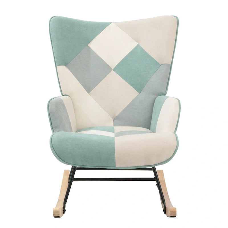 Sedia a dondolo reclinabile imbottita con schienale alto blu colorata con pouf, 1 posto
