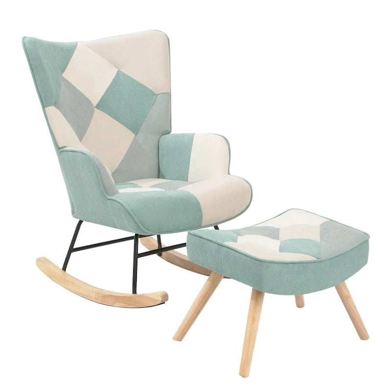 Sedia a dondolo reclinabile imbottita con schienale alto blu colorata con pouf, 1 posto