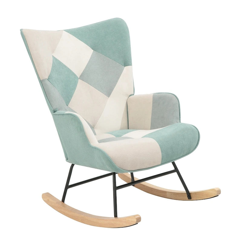 Sedia a dondolo reclinabile imbottita con schienale alto blu colorata con pouf, 1 posto