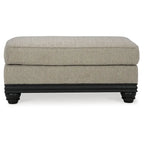Ottoman imbottito grigio con finiture in legno nero opaco, 1 posto