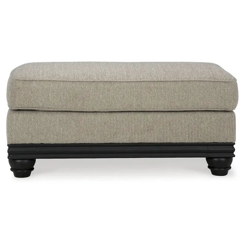 Ottoman imbottito grigio con finiture in legno nero opaco, 1 posto