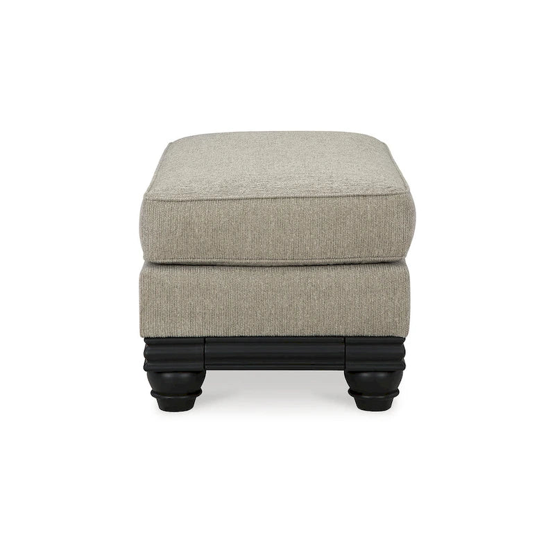 Ottoman imbottito grigio con finiture in legno nero opaco, 1 posto
