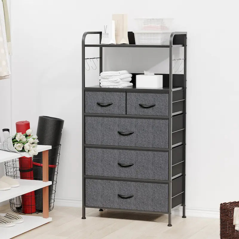 Comò a 5 cassetti con mensola — Rosa / Marrone / Grigio / Nero