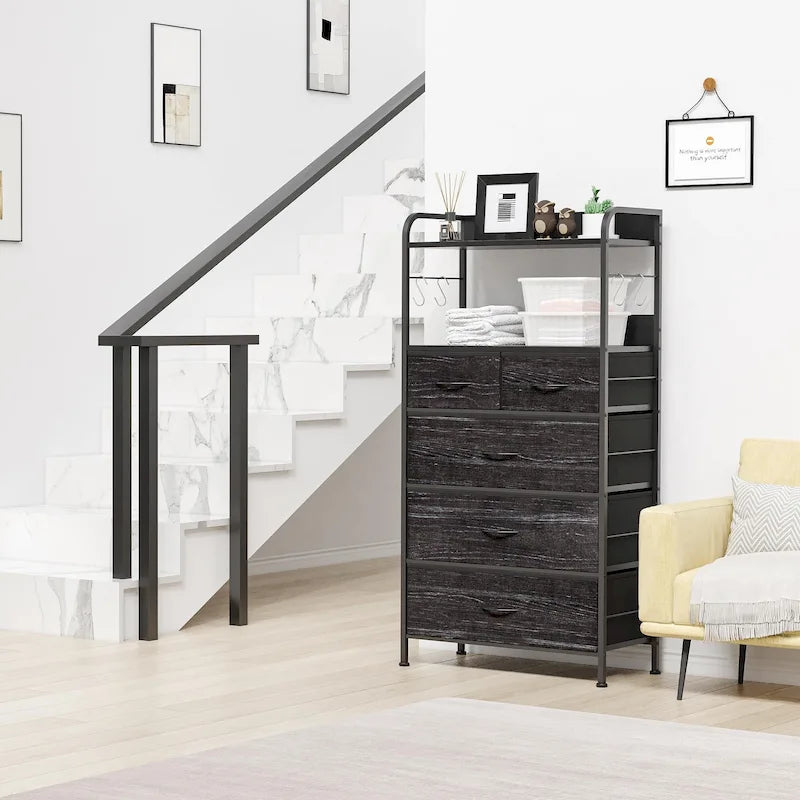 Comò a 5 cassetti con mensola — Rosa / Marrone / Grigio / Nero