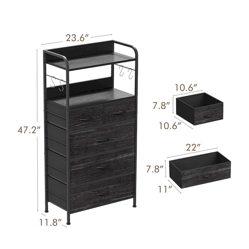 Comò a 5 cassetti con mensola — Rosa / Marrone / Grigio / Nero