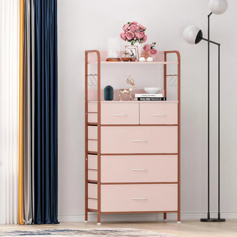 Comò a 5 cassetti con mensola — Rosa / Marrone / Grigio / Nero