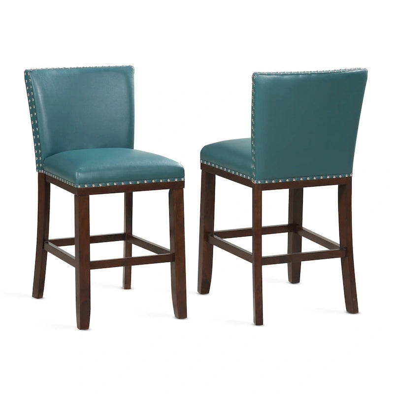 Sgabello da bancone imbottito, borchie decorative, similpelle, set da 2 — Blu navy/Nero/Rosso/Caramello/Verde pavone