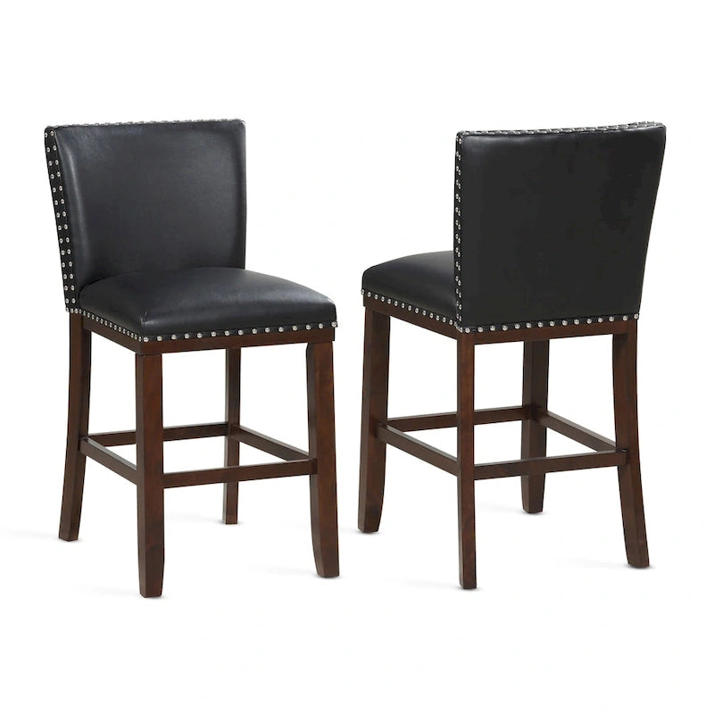 Sgabello da bancone imbottito, borchie decorative, similpelle, set da 2 — Blu navy/Nero/Rosso/Caramello/Verde pavone