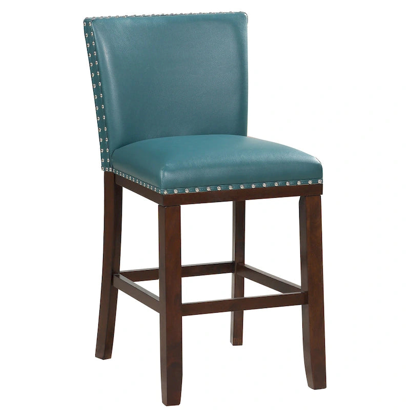 Sgabello da bancone imbottito, borchie decorative, similpelle, set da 2 — Blu navy/Nero/Rosso/Caramello/Verde pavone