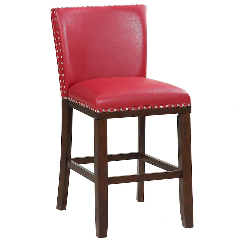 Sgabello da bancone imbottito, borchie decorative, similpelle, set da 2 — Blu navy/Nero/Rosso/Caramello/Verde pavone