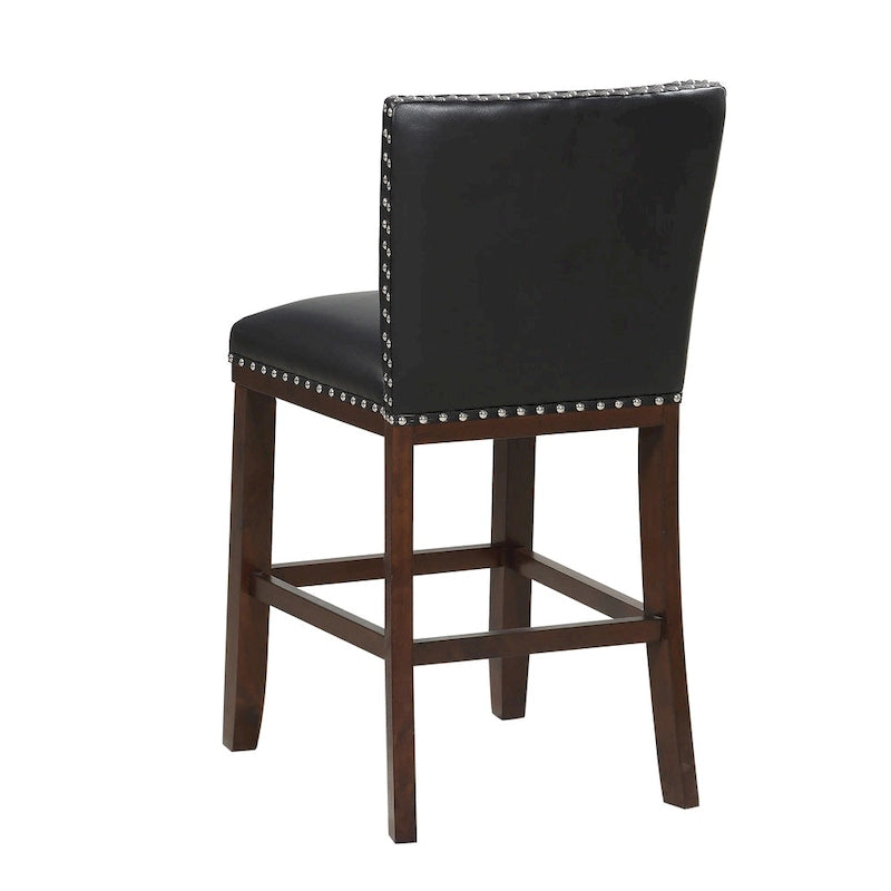 Sgabello da bancone imbottito, borchie decorative, similpelle, set da 2 — Blu navy/Nero/Rosso/Caramello/Verde pavone