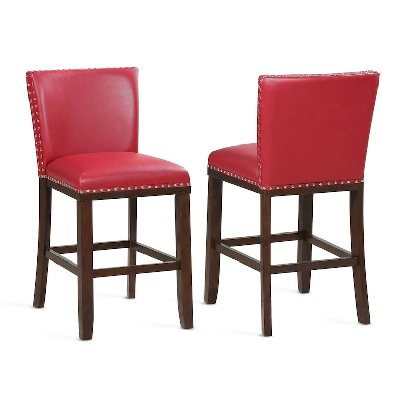 Sgabello da bancone imbottito, borchie decorative, similpelle, set da 2 — Blu navy/Nero/Rosso/Caramello/Verde pavone