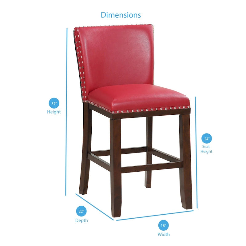 Sgabello da bancone imbottito, borchie decorative, similpelle, set da 2 — Blu navy/Nero/Rosso/Caramello/Verde pavone