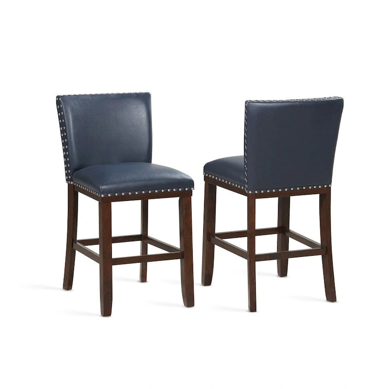 Sgabello da bancone imbottito, borchie decorative, similpelle, set da 2 — Blu navy/Nero/Rosso/Caramello/Verde pavone