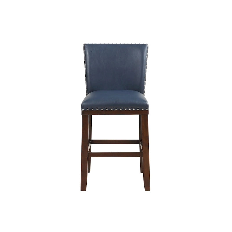 Sgabello da bancone imbottito, borchie decorative, similpelle, set da 2 — Blu navy/Nero/Rosso/Caramello/Verde pavone